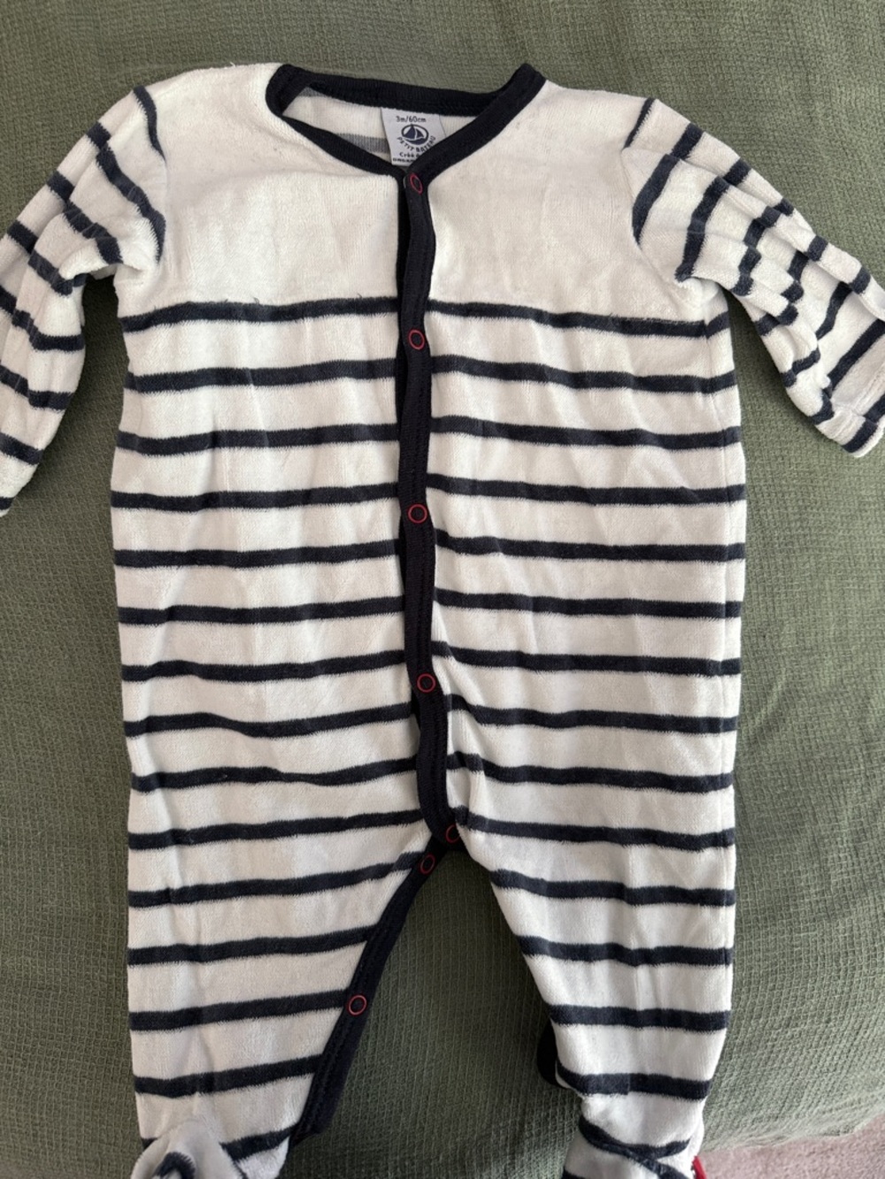 Petit Bateau White and Navy Striped Cotton Footed One-Piece